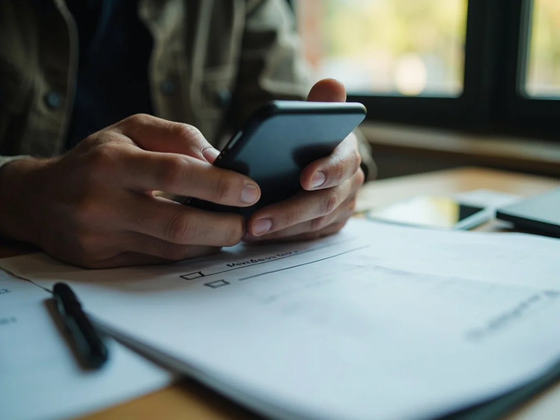 Adult hand comparing a phone with a blank printed verification checklist