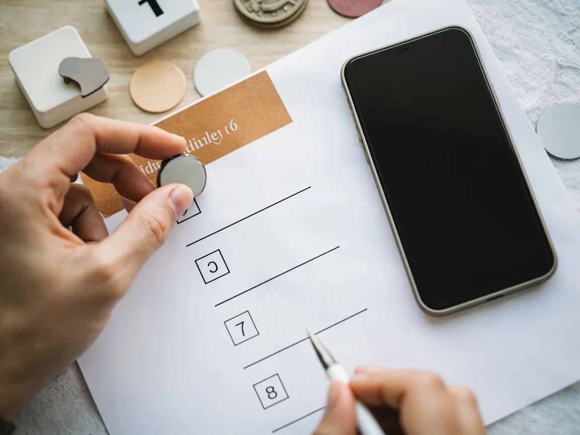 Adult hand checking blank eligibility boxes beside a calendar with no numbers