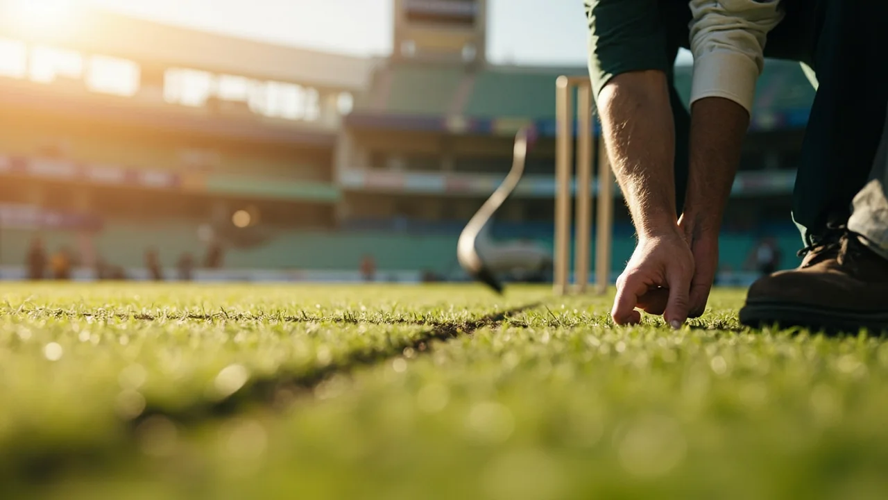 Groundskeeper and cricket analyst inspecting a dry match pitch before play