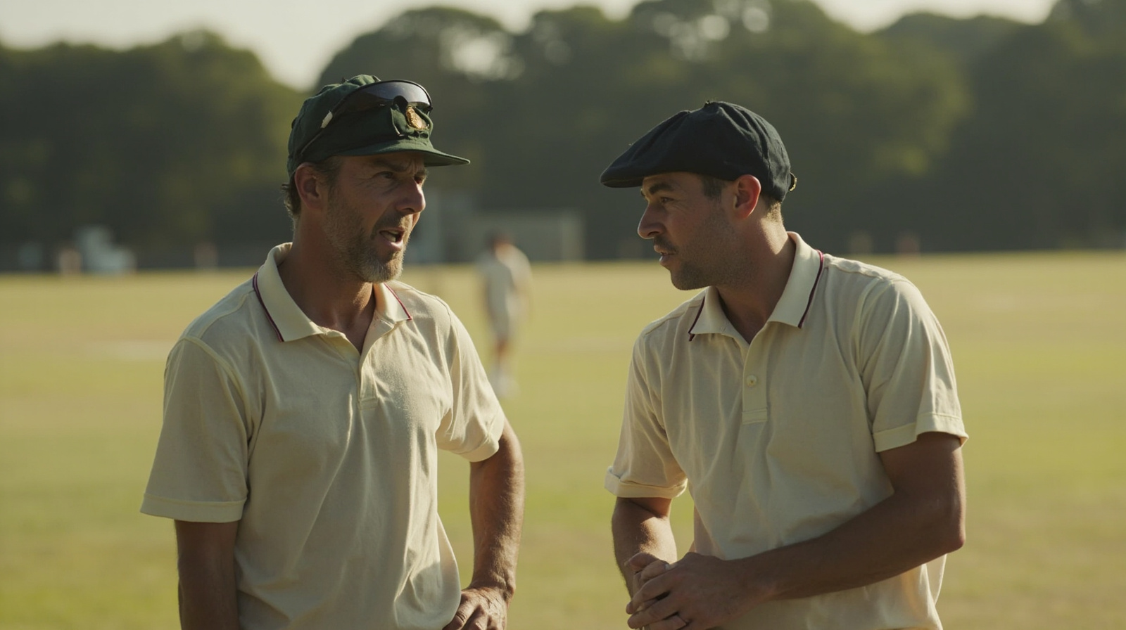 A cricket captain quietly discussing field placement with a teammate during training