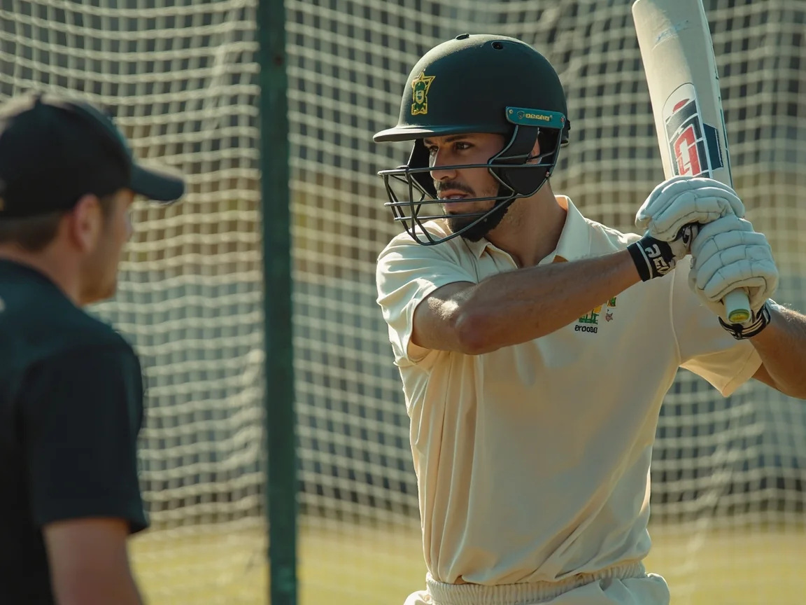 An unbranded batter completing a focused net session while a coach observes