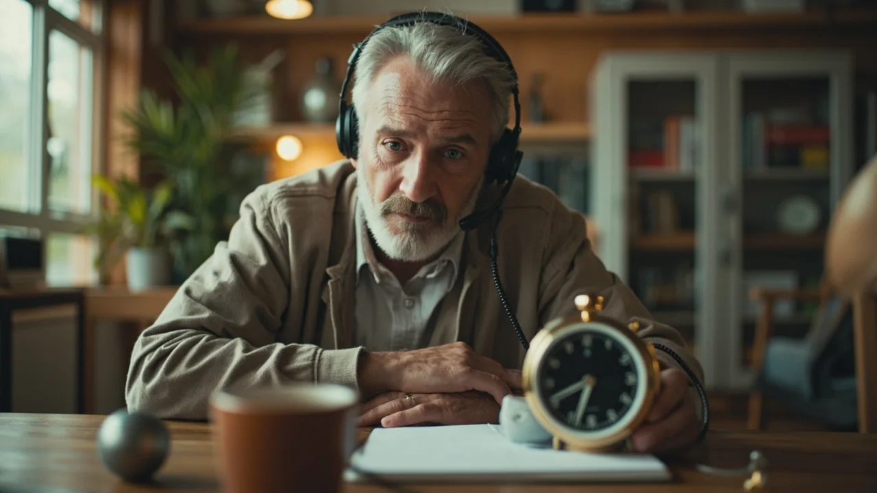 An adult waiting calmly beside a phone and analog clock after submitting a support request
