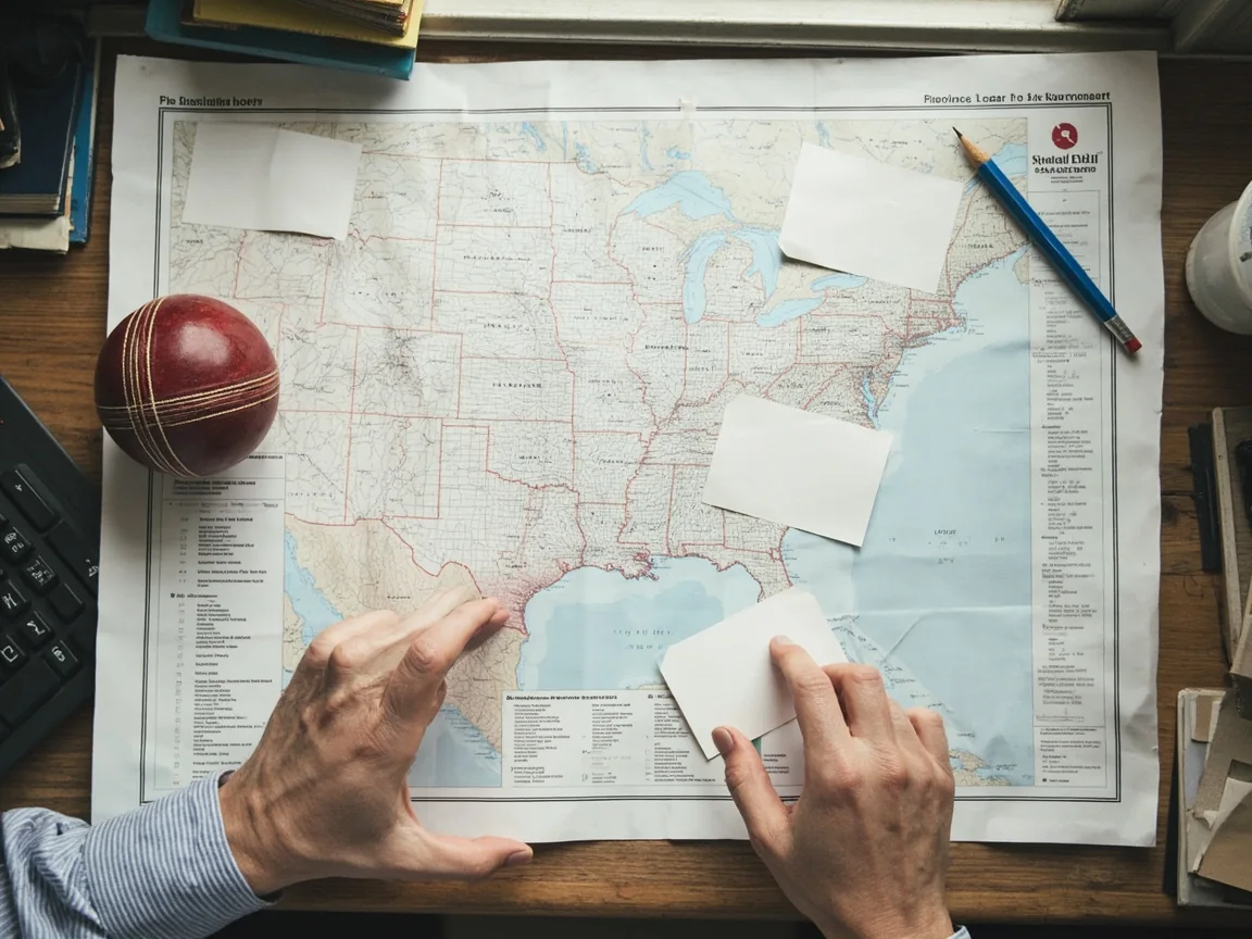 A state-by-state legality reference chart pinned next to a cricket ball and notebook