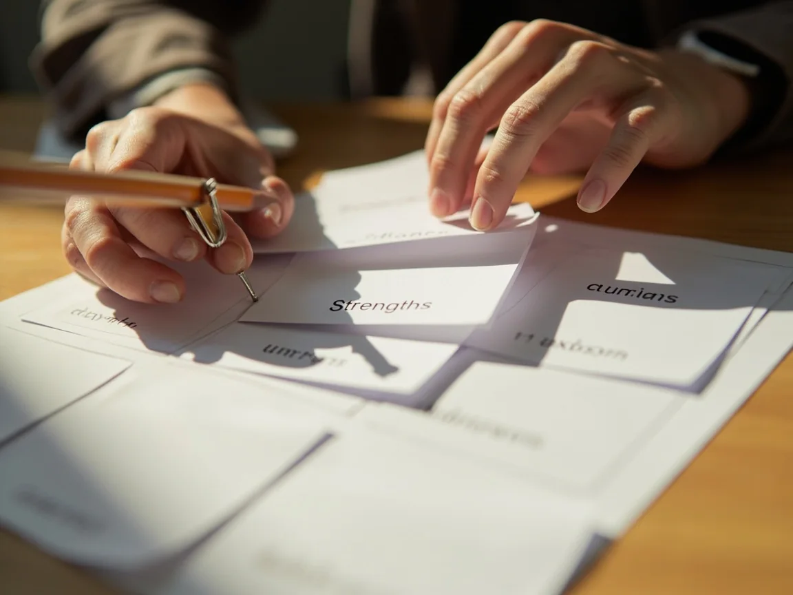 A reviewer sorting blank evidence cards into strengths, cautions and unknowns