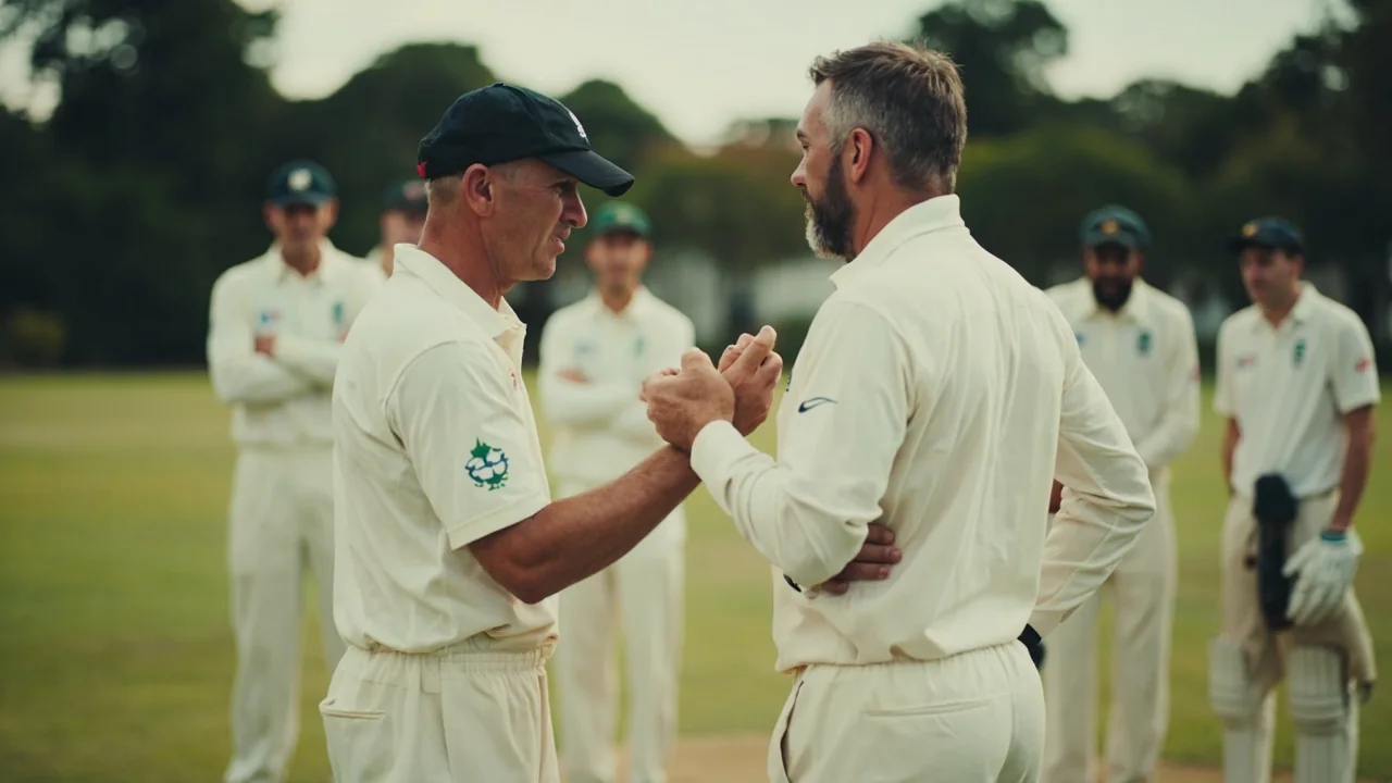Two unbranded senior cricketers conferring before training while teammates prepare behind them