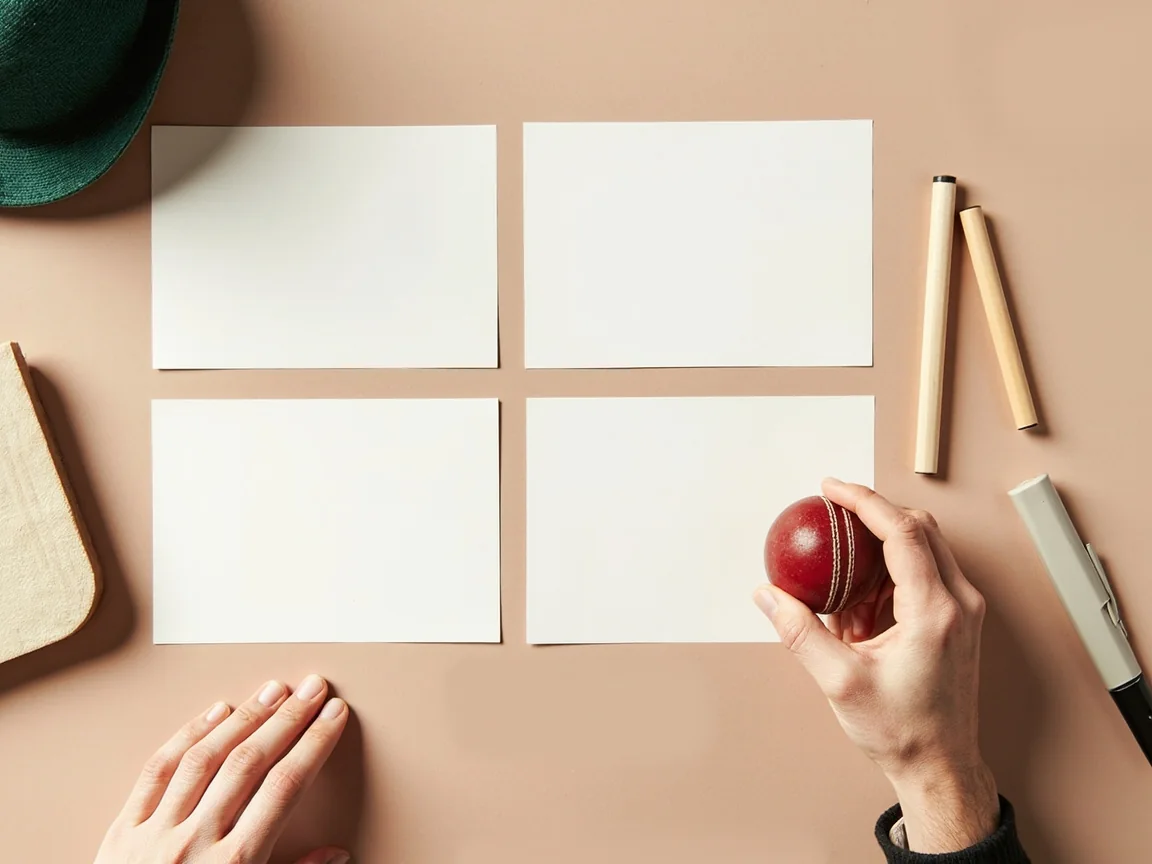 Four visually distinct but completely blank cricket role cards on a sandstone desk