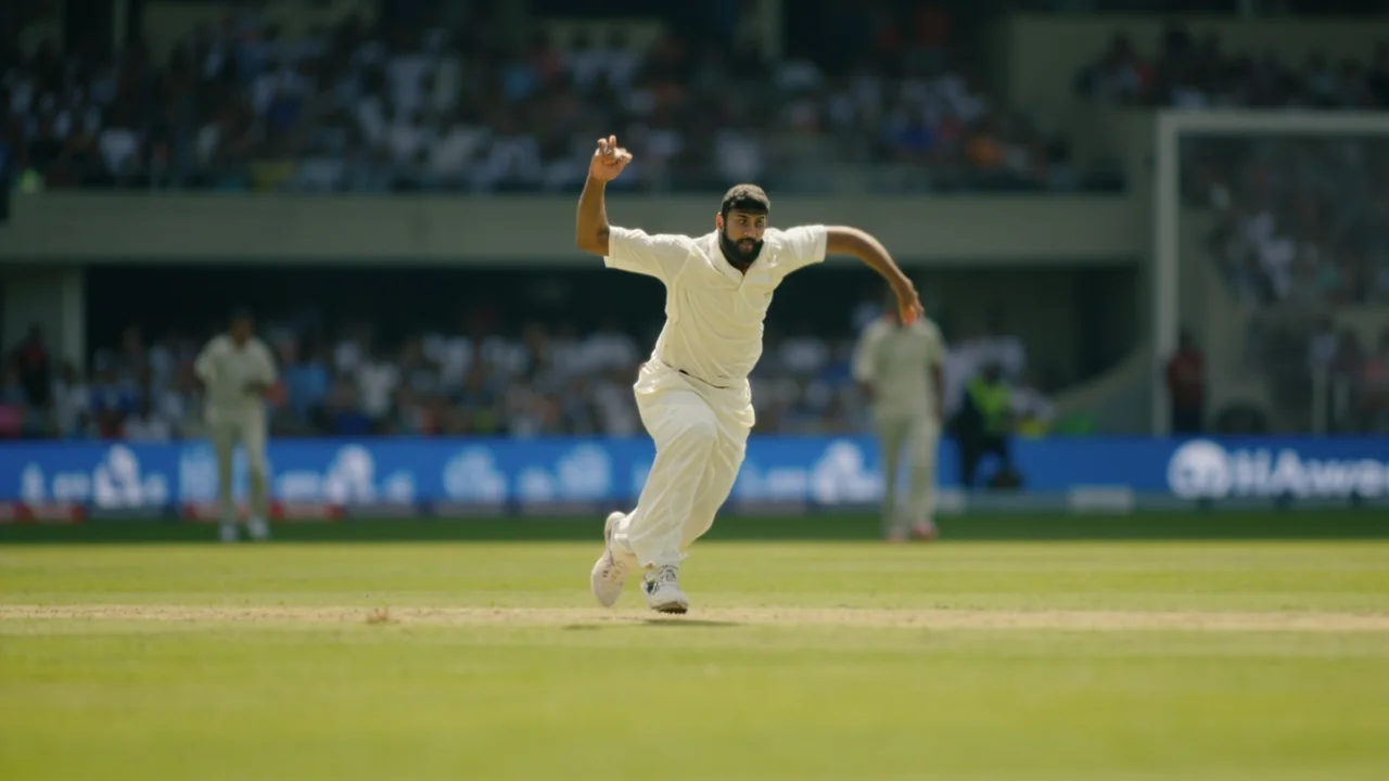 An unbranded fast bowler delivering during a T20 powerplay, sparse close field visible