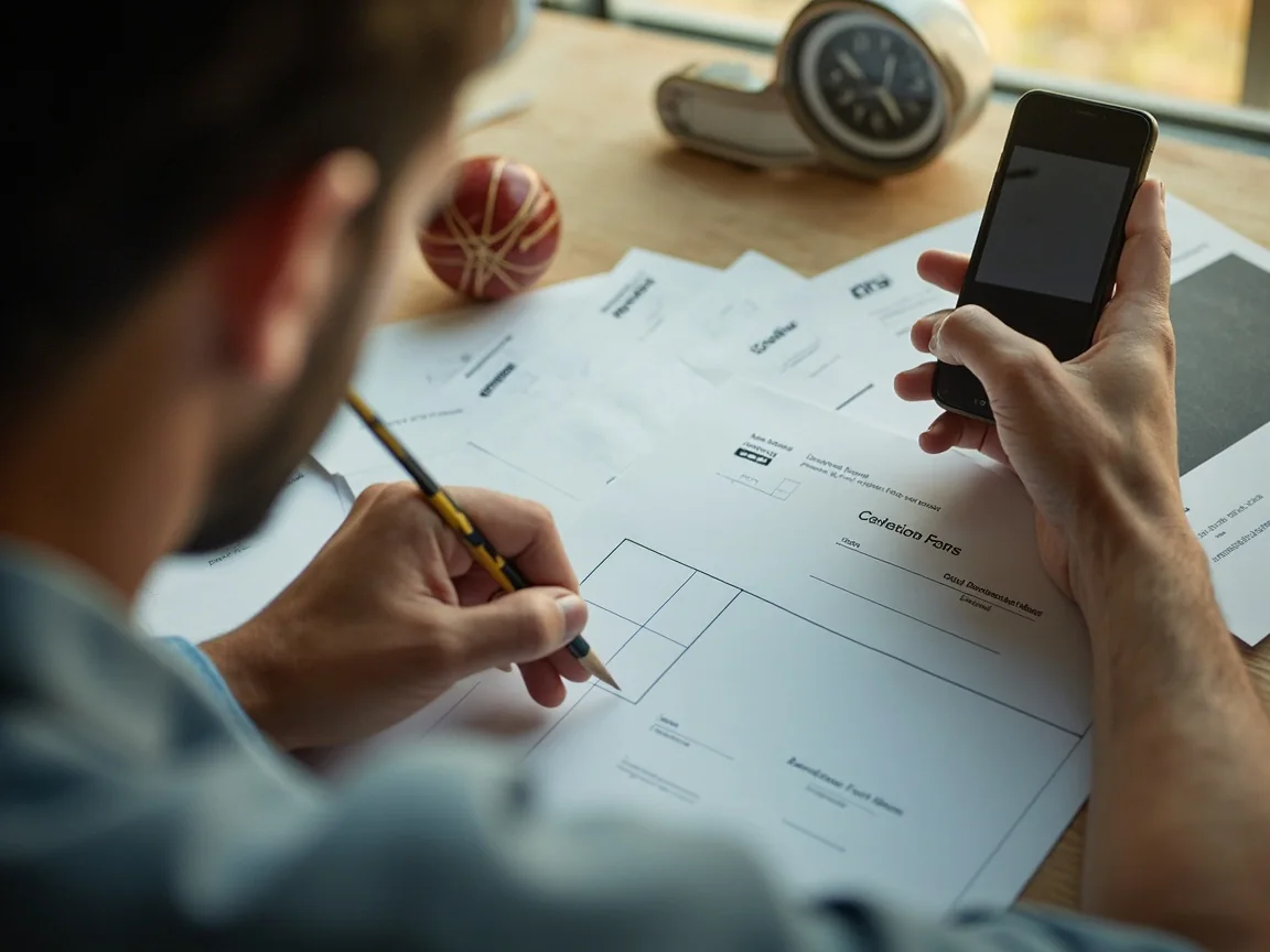 Analyst making final pencil marks on blank formation cards beside a phone and small clock