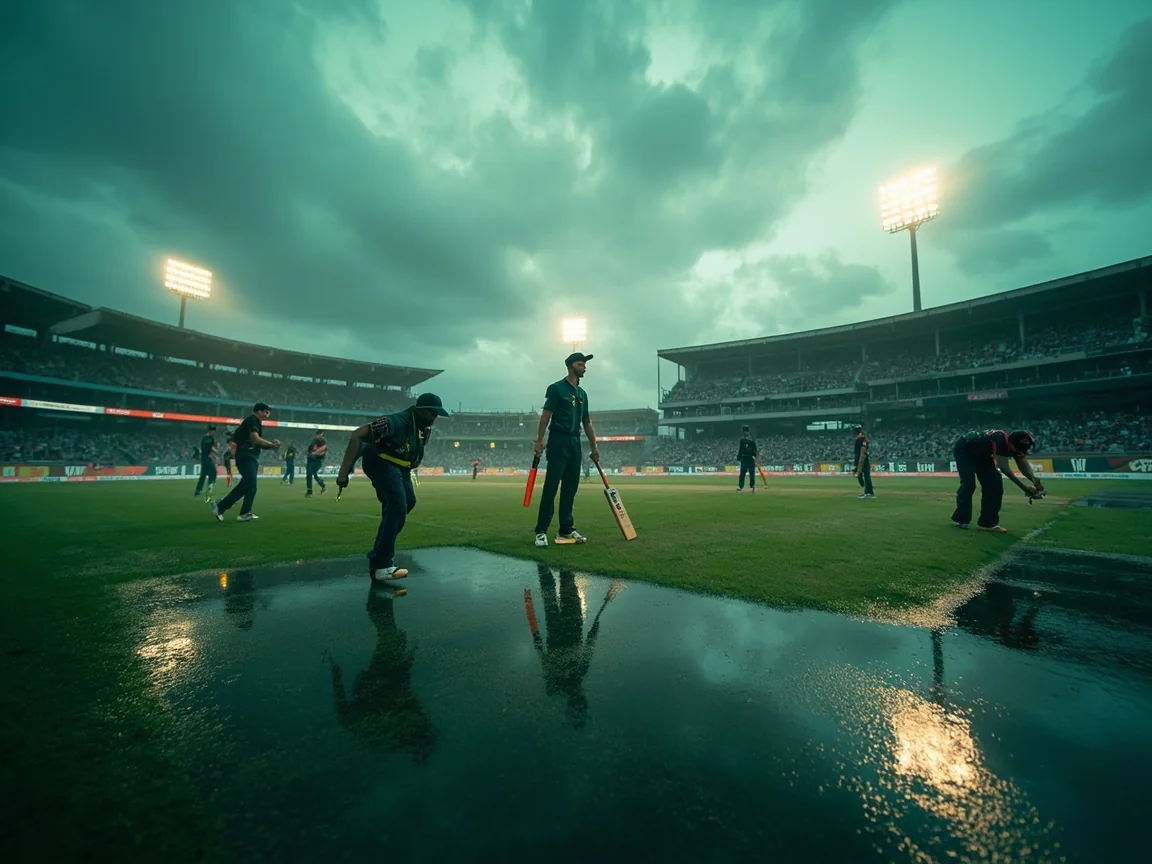 Ground staff checking covers beneath a changing monsoon sky at a real cricket venue