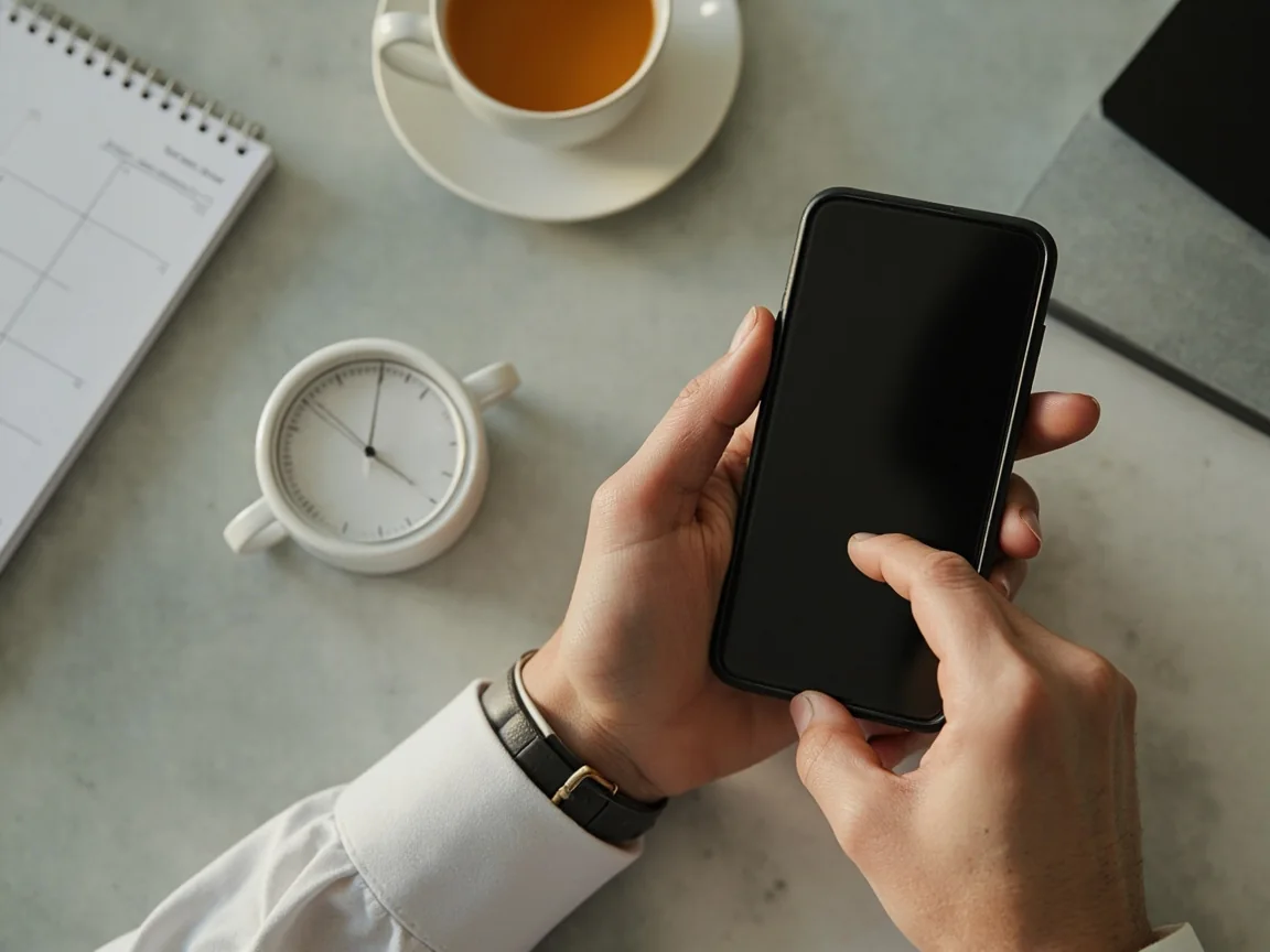 A wall clock and a phone screen face-up on a calm desk, suggesting a time-limit boundary